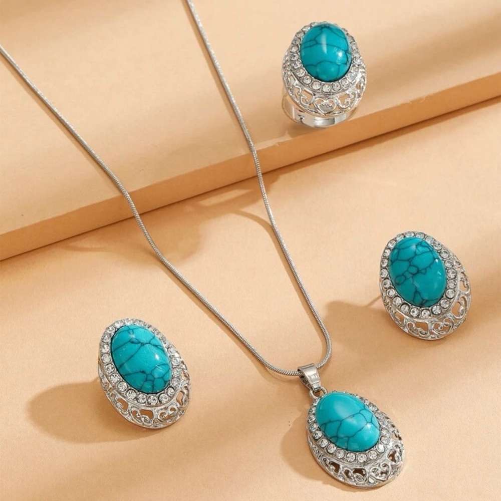 Turquoise Oval Rhinestone Necklace, Earrings, Ring Set